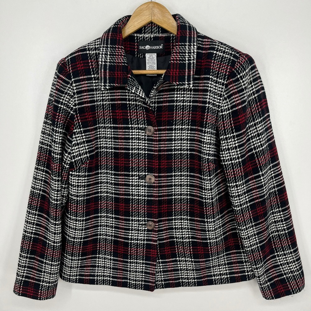 Sag Harbor Womens Red Black White Plaid Button Front Blazer Jacket Size 10 Vtg